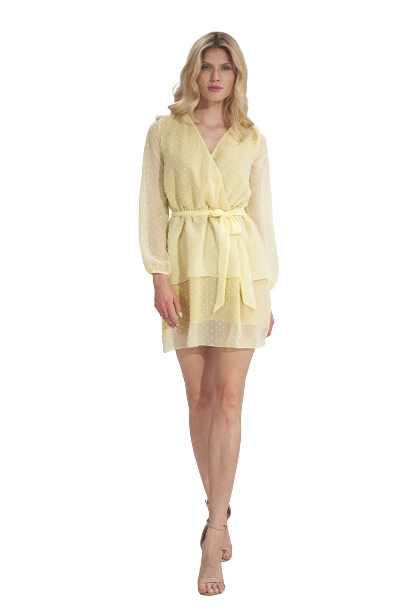 Sukienka Mini - Szyfonowa Z Długim Rękawem - żółta